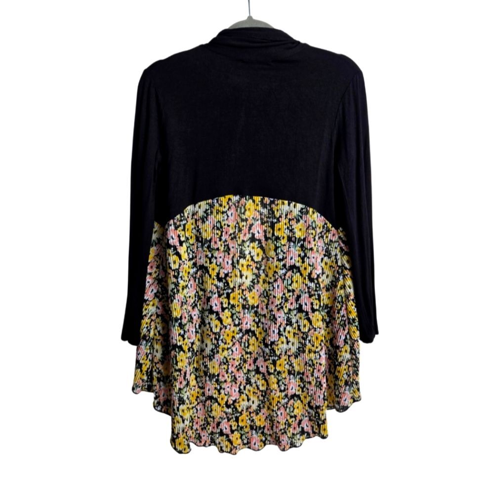 Kim & Cami Floral Micro Pleat Cardigan Open Front Mixed Media Relaxed Sz S